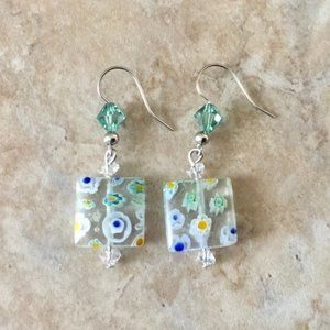 Millefiori Glass Murano Lampwork Earrings with Crystals, Multicolor Flowers